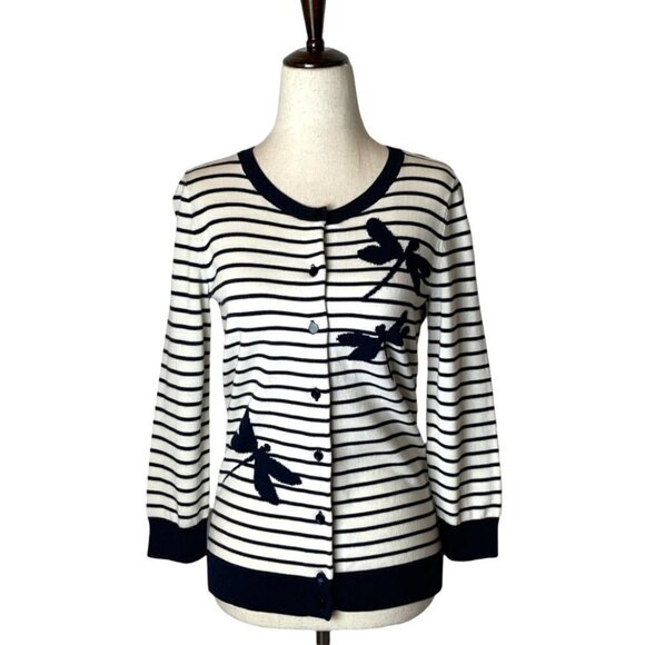 Talbots Navy Blue And White Striped Fairycore Dragonfly Crew Neck Cardigan XS - Picture 2 of 7